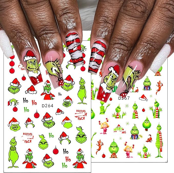 12Sheets Christmas Nail Art Stickers Green Fun Cartoon Santa Claus Designs Nail Decals Xmas Tree 3D Self-Adhesive Winter Holiday Nail Decoration Xmas DIY Manicure Accessories Supplies for Women Kids