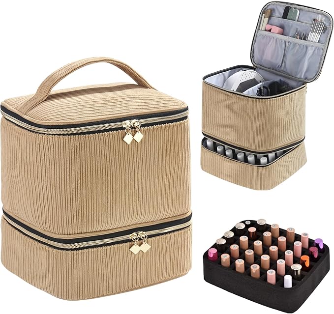 Corduroy Nail Polish Organizer and Nail Lamp Case, Nail Kit Organizer Holds 30 Bottles (15ml - 0.5 fl.oz) and a Nail Lamp, Nail Polish Carrying Case with Manicure Tools Storage Sections (Brown)