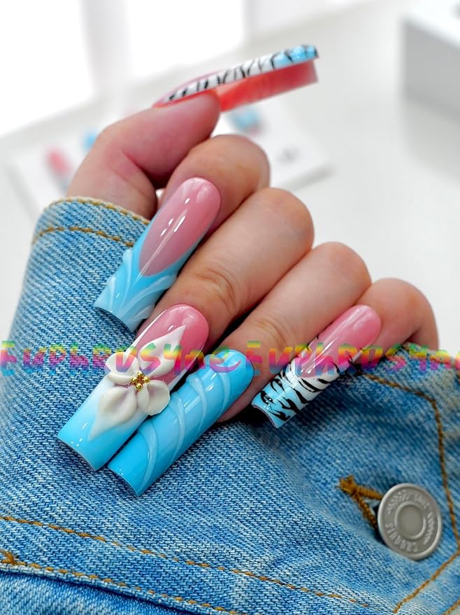 10PCS Pink and Blue Press On Nails – Long Coffin Fake Nails with Zebra Print, 3D Flower Charms & Swirl Design, Glossy Reusable Y2K Summer Nails for Women and Girls – Euphrosyne