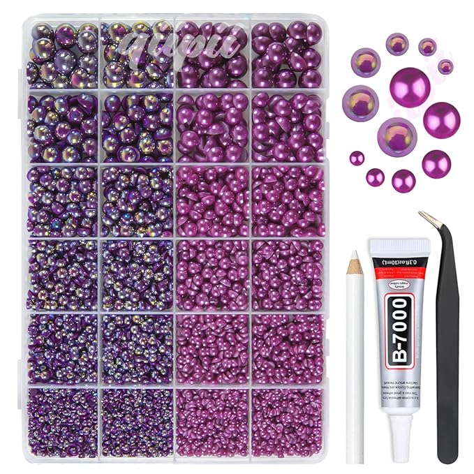 2 Styles Solid Purple+ Dark Purple AB Flatback Pearls for Bedazzling Crafting 3mm-10mm Half Round Beads Gems Bedazzler Kit for Nails Face Eyes Makeup Tumblers Bottles DIY Crafts Shoes﻿ Phones