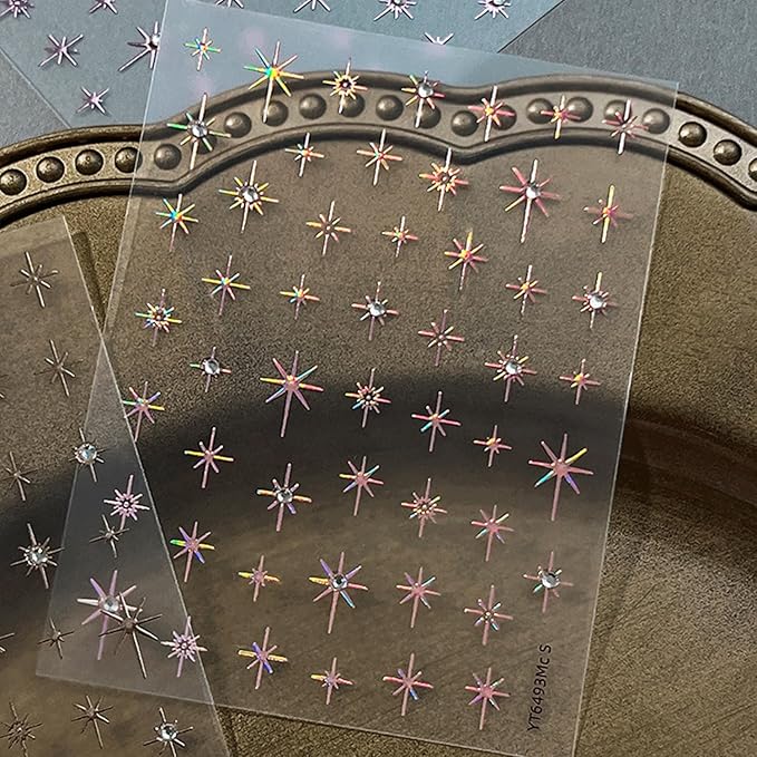 Shiny Star Nail Stickers for Nail Art 3D Glitter Colorful Star Luxury Rhinestones Nail Design Stickers Starlight Nail Decals Nails Supply Manicure Sliders for Nails Decoration 6 Sheets