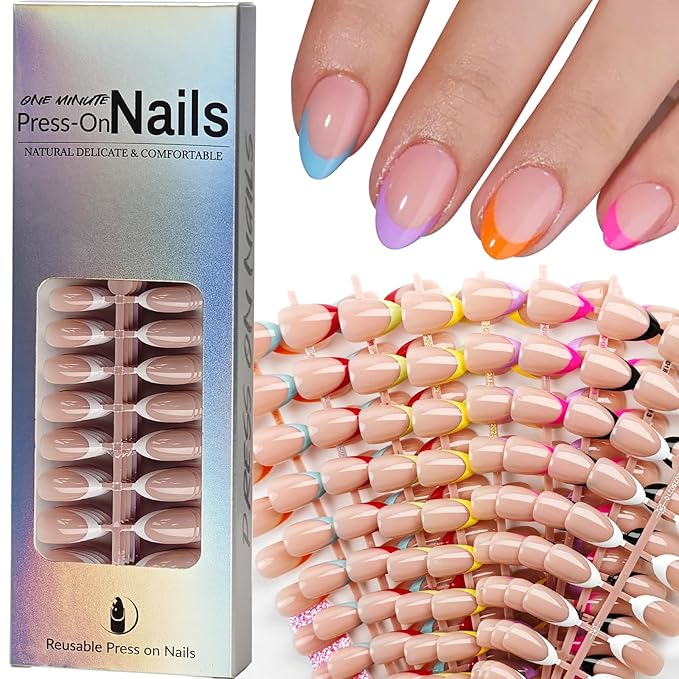 216 Pcs French Tip Press on Nails Meidum Almond Fake Nails 9 Color French Tips Glossy Acrylic Glue On Nails Full Cover Soft Gel False Nail Tips Kit for Women DIY Nail Art Manicure 12 Size