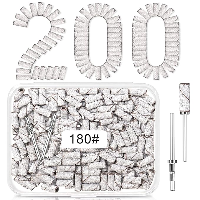 180 Grit Mini Sanding Bands for Nail Drill, 200 Pcs White Aluminum Oxide Sanding Bands for Nails, Gel/Acrylic with 2 Pcs Mandrel Bits, 3.1 MM Nail Drill Bits for Manicures and Pedicure