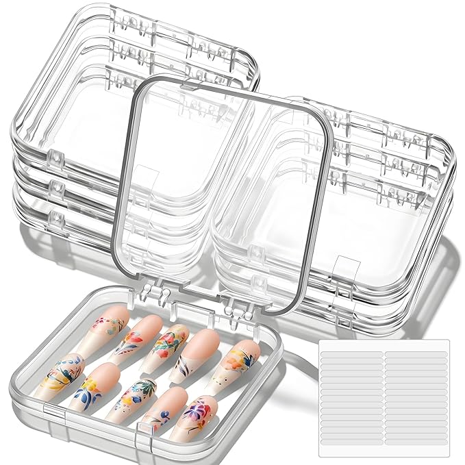 Xindojuz 6 Pcs Press On Nail Packaging Box, Acrylic Press on Nail Storage Cases for Pres Ons with 30 Pcs Adhesive Double Sided Tape for Fake Nails Display Storage Boxes Art Home Salon Supplies (Clear)