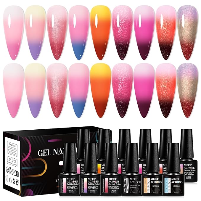 MEET ACROSS 12 Pcs Color Changing Rubber Base Gel Set, Mood Temperature Change Builder Base Nail Gel with Super Top Coat, Prep Dehydrator and Nail Primer, 2-in-1 Soak Off Base Gel Nail Strengthener