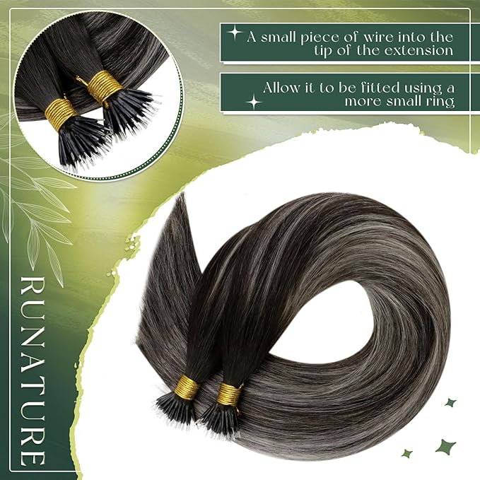 RUNATURE Silver Balayage Nano Hair Extensions Human Hair Black, Medium-Length Hair, Add Hair Volume for Women, Cold Fusion, Can Be Curled, Nano Tip Hair Extensions Full Ends, Easy to Maintain