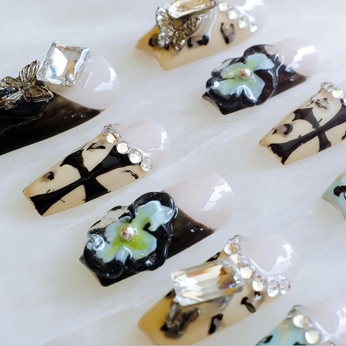 Press On Nails, Long Ballerina Style with 3D Flowers and Crystals, Black and Yellow Design, Handmade False Nail 10 Pieces (Medium,LB)