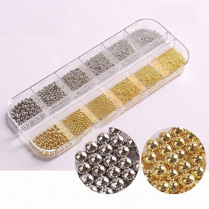 12 Grids Art Charms Metal Beads 3D Caviar Small Steel Ball Nail Accessories Nail Art Metal Mini 3D Mixed Sizes DIY Decorations Accessories (Silvery and Gold)