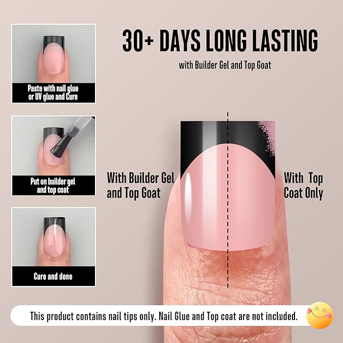 Black French Tip Short Straight Square Nail Tips Press on, BABY PINK Extra Thick NEED Soft Gel Nail Extension, Need Builder gel & Top,Coat Full Cover False Nails, for DIY x 15 Sizes 150 pcs