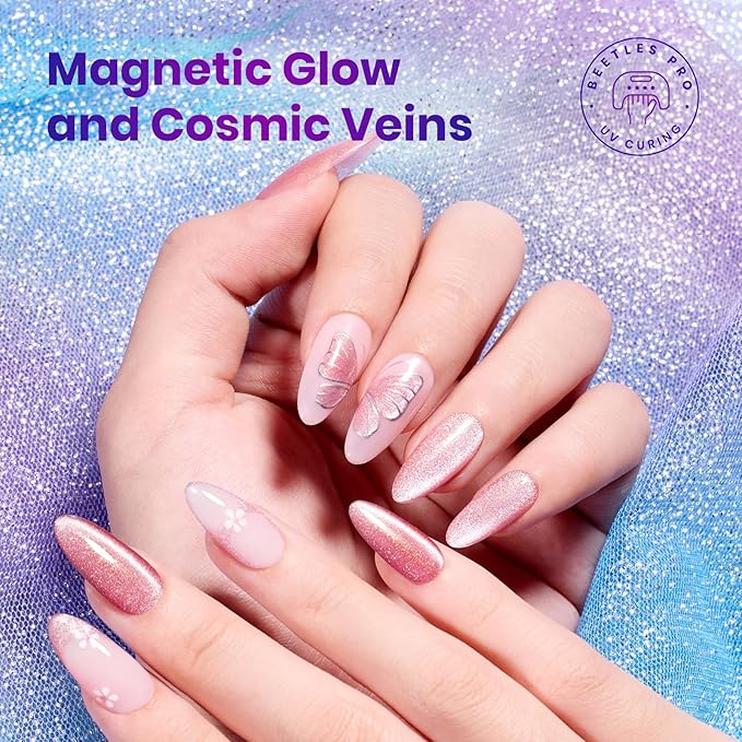Beetles Stardust Whisper Cat Eye Gel Nail Polish Set - 6 Colors Spring Gel Polish Kit Glitter Cat Eye Pink Blue Purple Red Green Velvet Gel Magnet Soak Off UV French Nail Art Manicure Gift for Women