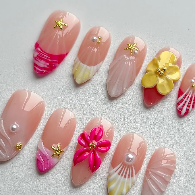 Luxury Press on Nails Medium Almond Handmade 3D Unique Reusable ABS Material Fake Nails French Tip False Nails with Designs Pink Floral Pearls Summer Glossy Glue on Nail Thick Acrylic Nail(S)