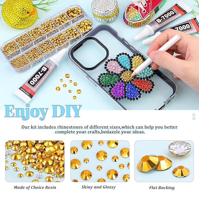 12000Pcs Resin Rhinestones for Bedazzling with 3Pcs B7000 Jewelry Glue, 2 Boxes Mine Gold Flatback Rhinestones for Crafting Crafts DIY, Crystals Gems for Clothing Shoes Tumblers Nail Art Makeup