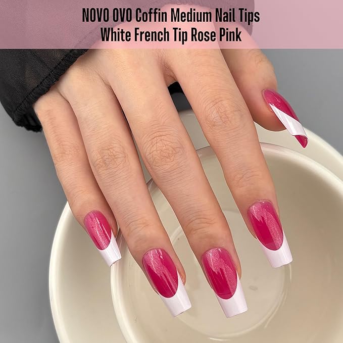 NOVO OVO White French Tip Coffin Nail Tips Press on, ROSE PINK, Extra Thick Medium Soft Gel Fake Nail Acrylic Extension, Need Builder Gel Top Coat, No Glue Included, for Salon DIY 15 Sizes x 240 pcs