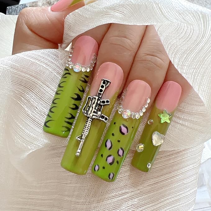 NAIL ANGEL 10PCS/SET Handmade Press on nails Metal Glitter Rhinestone Green Leopard Prints Crystal Cherry Gem Long Coffin Nails Party Nails XXL Long Artifical Tips ZJ-07 (Multi-Color, ZJ07-M)