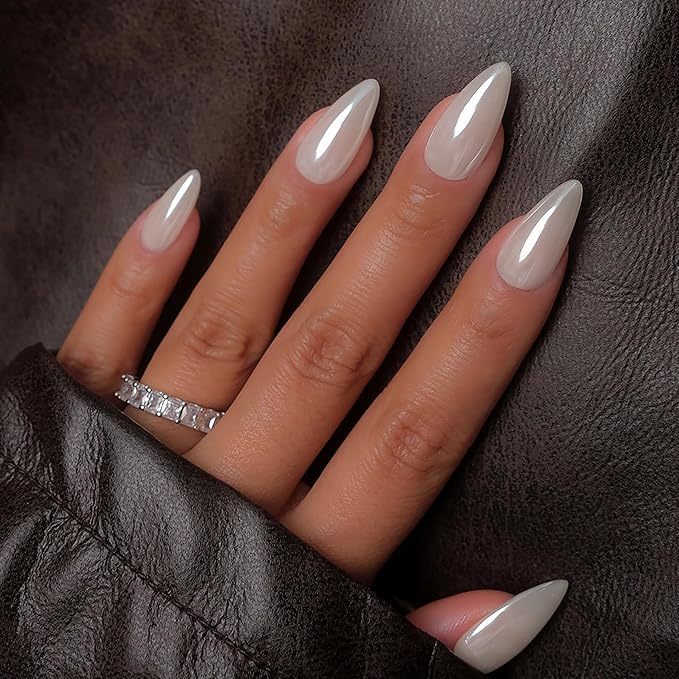 Chrome Press On Nails Almond, Glazed Opal White Mirrored Glue on Nails Medium Press Ons, Acrylic Natural Fit Stick on Nails in 12 Sizes - 24Pcs Fake Nail Kit for Women