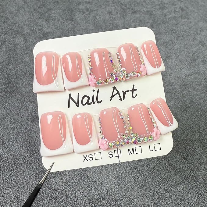 Luxury Press on Nails Short Duck Handmade 3D Unique Reusable ABS Material Fake Nails White French Tip False Nails with Designs Flower Rhinestones Elegant Glossy Glue on Nail Thick Acrylic Nail(S)