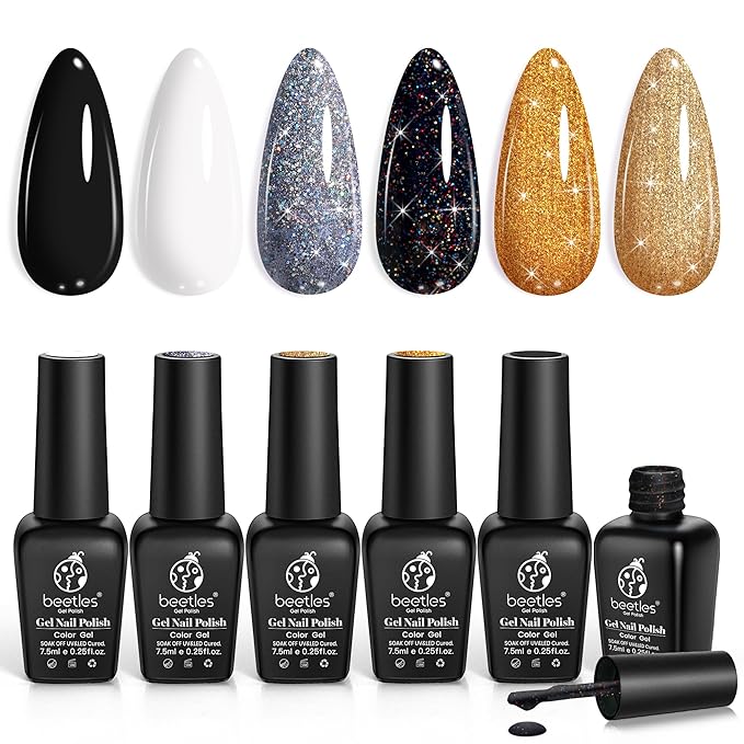 Beetles Shimmer Gel Nail Polish Set, 6 Colors Black White Polish Gel Silver Rose Gold Glitter Nail Polish Soak Off Uv Lamp Nail Art Manicure Salon Gifts for Her Women