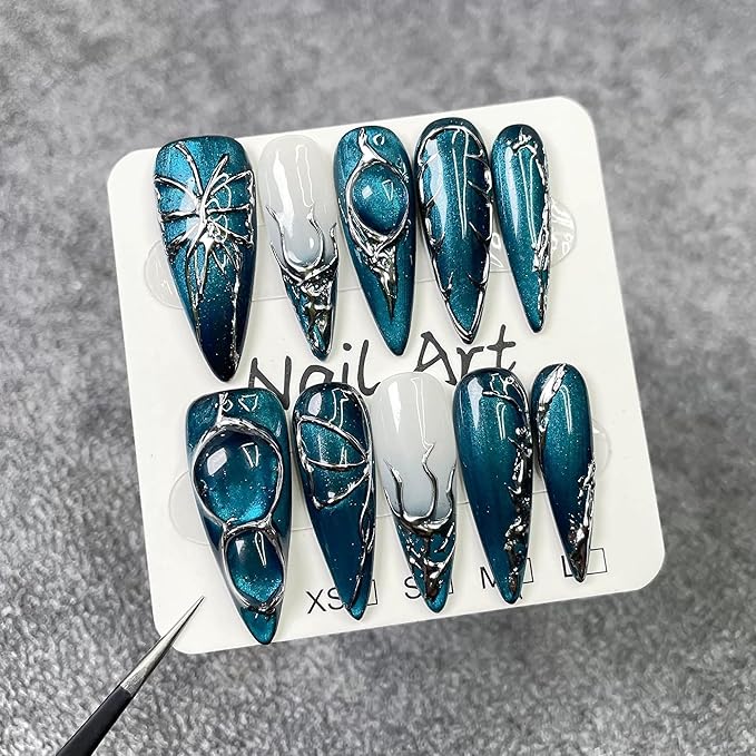 Handmade Long Press on Nails - blue Cat's Eye Full Cover Fake Nails Glossy Almond False Nails with Embossed Swirl Design Acrylic Nails P ress ons Luxury Reusable Stick on Nail for Women 10Pcs(Size M)