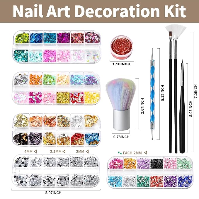 FANDAMEI Nail Art Brush, Nail Design Tools Kit with Nail Art Brushes, Nail Dotting Tools,Fine Glitter,Nail Butterfly, Nail Heart Sequins, Foil Flakes, Nail Art Rhinestones, Nail Art Decoration Kit.