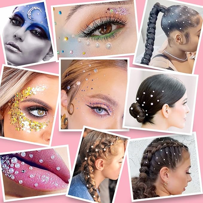 Hair Face Gems Rhinestones with Makeup Glue, Flat Back Colorful Jewels Crystal Half Round Pearl Gold Holographic Glitters Sequins Kit, Wax Pencil Tweezer and Brush For Face Eye Hair Body Makeup