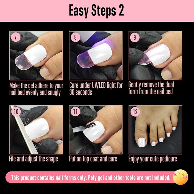 NOVO OVO 300 Pcs Toe Nail Dual Forms for Poly Gel Toenail Extension, PINK, Reusable Molds for Polygel Buider Hard Gel Acrylic French Tip Toenails, for Nail Art Salon Pedicure & DIY at Home 15 sizes