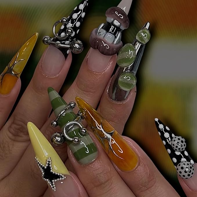115 pcs Silver Punk Nail Art Kit - 15 Mixed Styles Edgy Charms Guns, Crosses, Hearts, Roses, Stars & Holographic Gems for Grunge, Rocker, Gothic Nail Designs