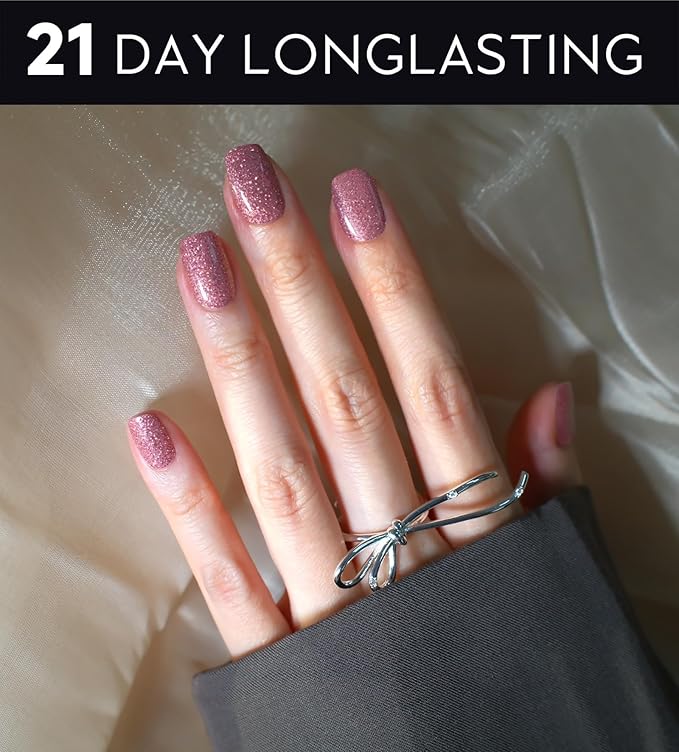 Semi Cured Gel Nail Strips - UV Light Gel Nail Stickers - 20 Long Lasting Salon Quality Wraps (Twilight Pink Glitter)
