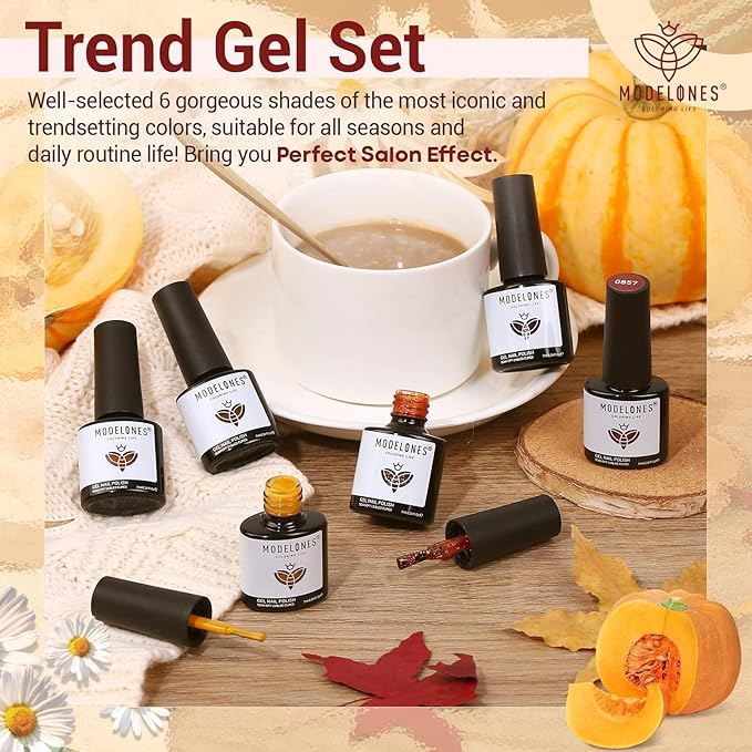modelones Gel Nail Polish Set, 6 Colors 2026 Winter Neutral Nude Brown Gel Polish Maroon Caramel Burgundy Champane Gold Glitter Nail Polish Cherry Mocha Soak OFF LED DIY Kit Gift