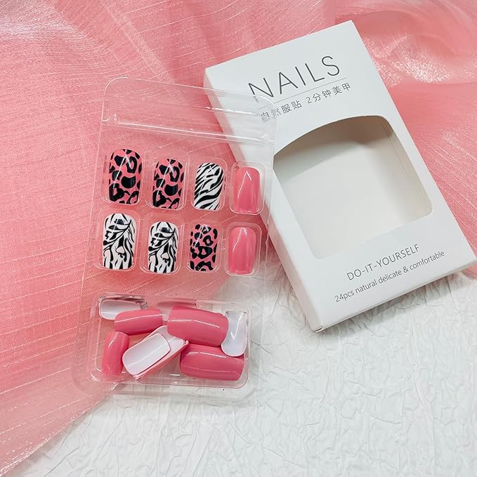 Leopard Press on Nails Medium Square Fake Nails with Designs Zebra Stripes Stick on Nail Pink Acrylic False Nail Glossy Artificial Nail Full Cover Glue on Nails for Women