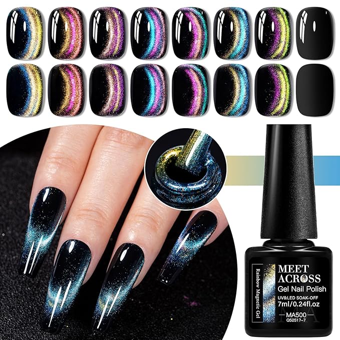 Rainbow Magnetic Gel Nail Polish - Super Bright Cat Eye Nail Art Dopamine Series 7 Color Set with Pure Black Gel and Magnet, Fashion Salon Cat Eye Art Design, Shiny Glossy Brilliant Women's Nail Tool