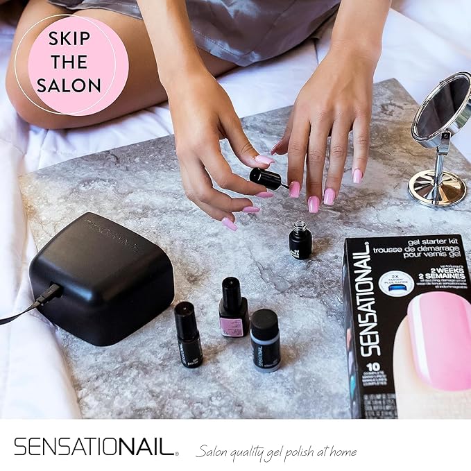 Sensationail Complete Gel Nail Polish Starter Kit - Long-Lasting Salon Grade Manicure Kit with UV Lamp - Includes Primer, Base & Top Coat, Cleanser, & More - Includes White, Black, & Pink Gel Polish