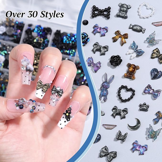 850 Pieces 3D Butterfly Rose Flower Bow Rabbit Bear Nail Charms Kit with Nail Art Rhinestones Pearls Crystal Gems Nail Slices for Manicure DIY Crafts Jewelry Accessories (Black)