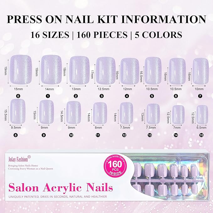 Valentines Press on Nails Short 5 Styles, Jofay Fashion 160Pcs Cat Eye Press on Nails for Women, Reusable Opaque Gel Fake Nails, Square Glue On Nails Kit in 16 Sizes, Bubbles