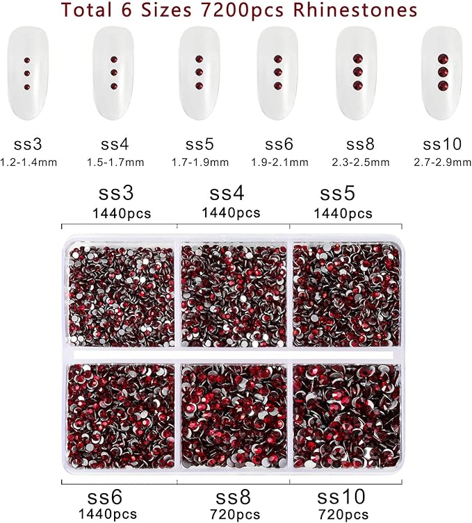 Beadsland 7200pcs Flatback Rhinestones,Dark Red Rhinestone Nail Gems Round Crystal Rhinestones for Crafts,Mixed 6 Sizes with Wax Pencil Kit, SS3-SS10,Dark Siam