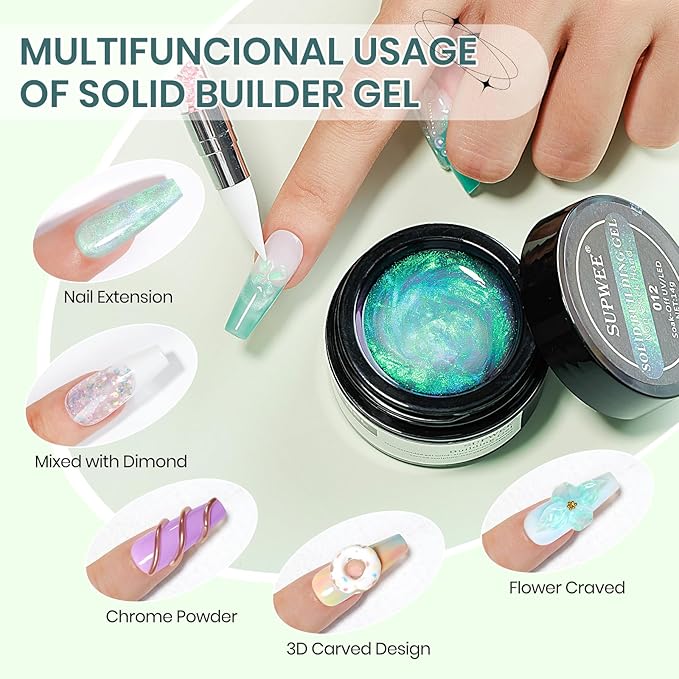 Solid Builder Gel for Nails Clear and Aurora Green 3D Nail Gel Art Non-Stick Hand Sculpture Hard Gel with Dual Form for 3D Modeling Nail Art Home Manicure DIY for Women