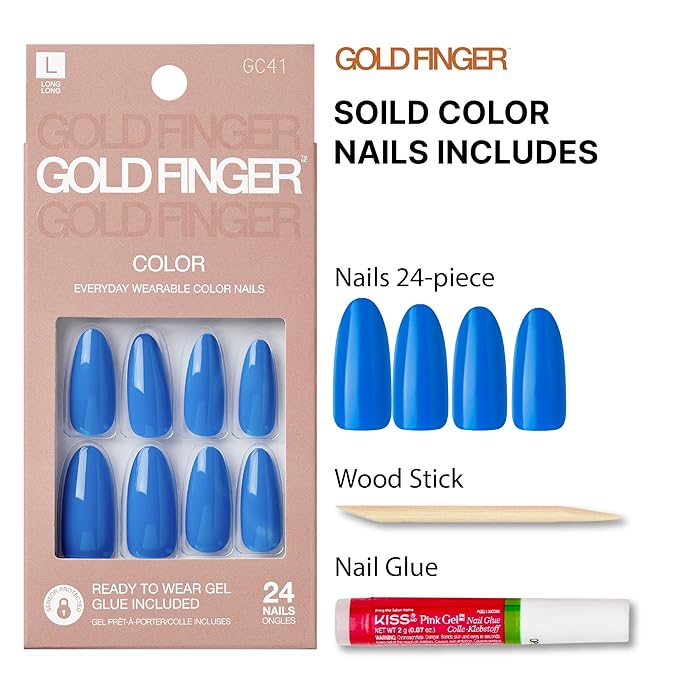 GoldFinger False Nails Kit, Ready to Wear Blue Fake Nails, Manicure Stick and Glue Included, Long Oval Shape, Long-Lasting Hottest Trend Glue on Nails, Convenient & Easy to Apply, All Occasions