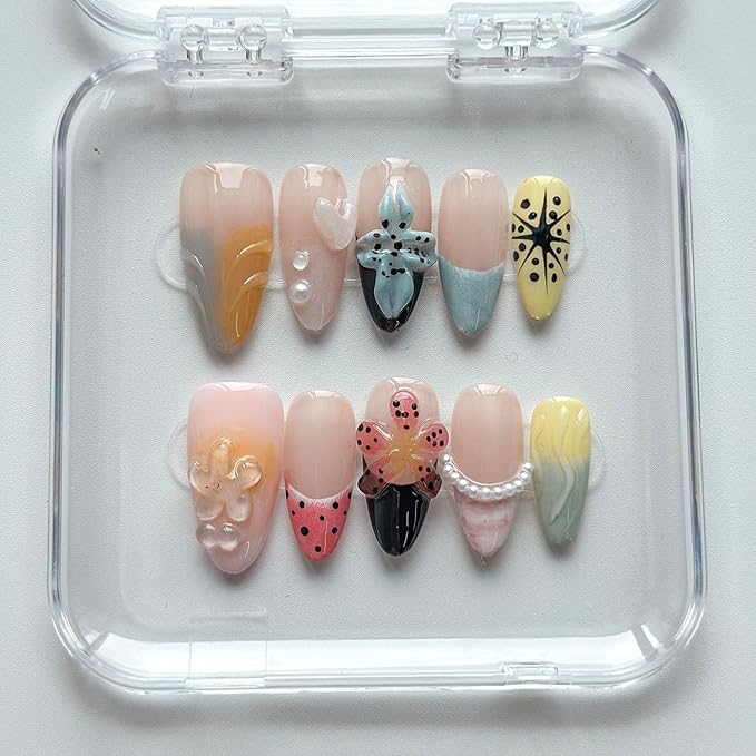 Luxury Press on Nails Medium Almond Handmade 3D Unique Reusable ABS Material Fake Nails French Tip False Nails with Designs Pearls Flower Water Ripple Glossy Glue on Nail Thick Acrylic Nail(M)