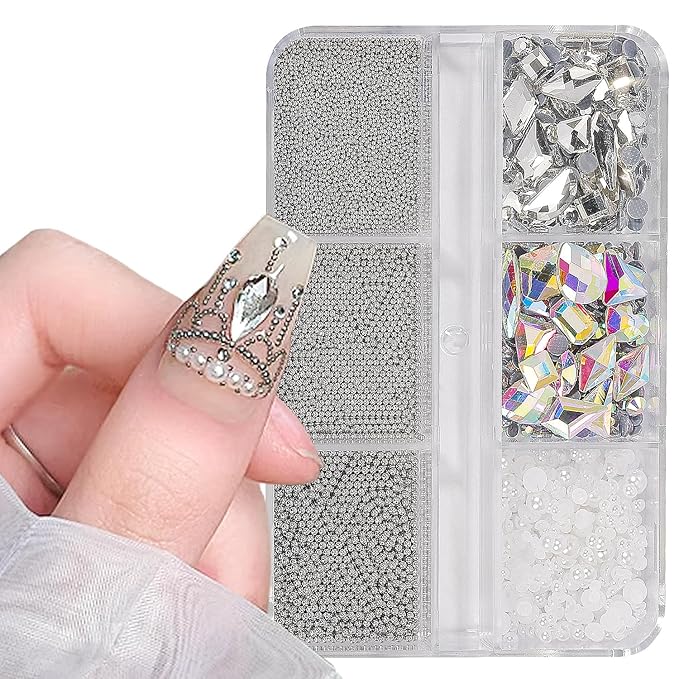3D Nail Art Charms Silver Grey Nail Micro Caviar Beads Rhinestones for Acrylic Nails Mix Size Multishape AB Nail Rhinestones Nail Crystal Studs Flatback Pearl Kit for Nail DIY Craft Decoration