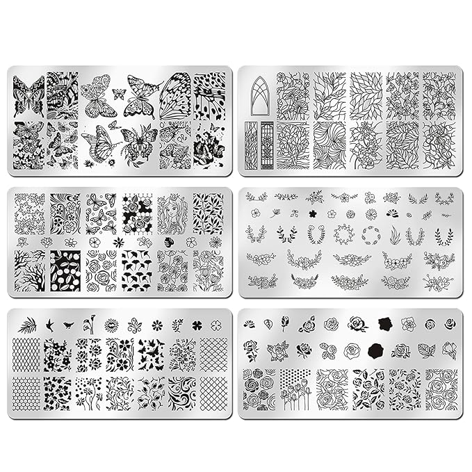 WOKOTO 6Pcs Nail Art Stamping Plates Kit with Flower Butterflies Rose Bird Image Templates Stamping Nail Art Tools Nail Stamp Kit