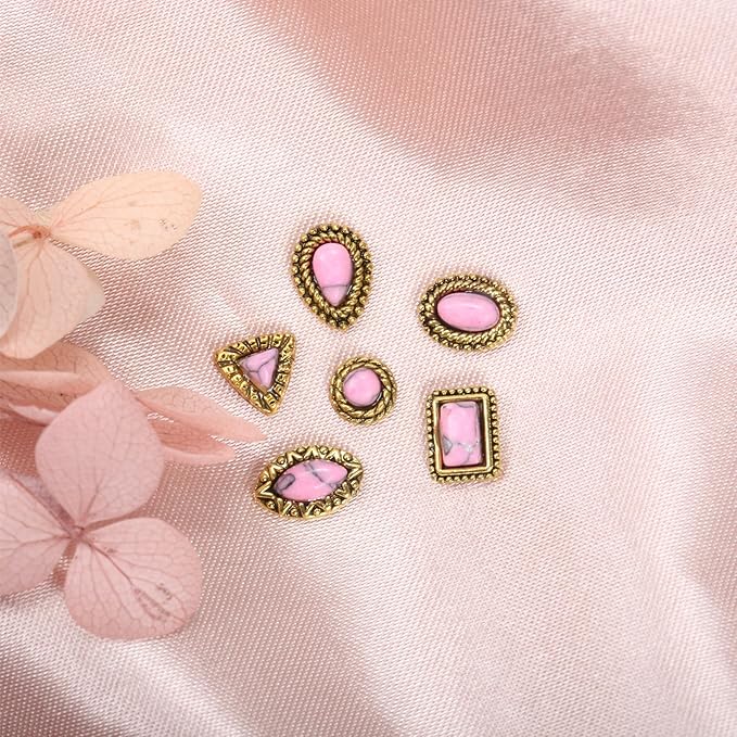 50 PCS Western Nail Charms - Pink Turquoise Nail Gems Stone 3D Vintage Western Art, Retro Pink Marble Cowgirl Charms Gems Metal Gold Silver Art Jewelry Gifts for Women DIY