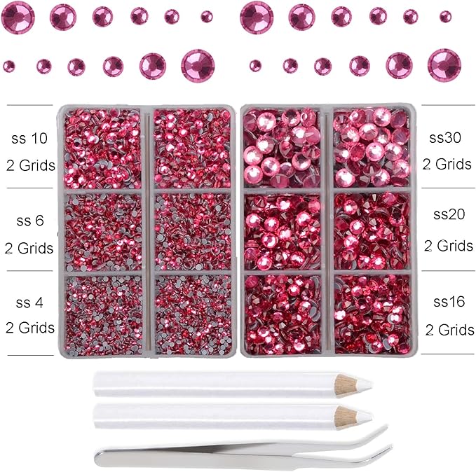 10000Pcs 2-Boxes Mixed Size Hot Fix Round Crystals Gems Glass Stones Hotfix Flat Back Rhinestones with Tweezers and Picking Pencil (Fuchsia)