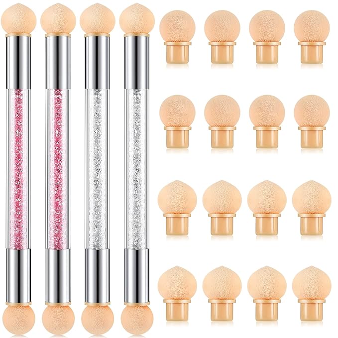 Maitys 4 Pcs UV Gel Gradient Sponges Pens with 16 Pcs Replacement Head Nail Sponges for Ombre Double Head Brush for Nail Art Manicure DIY Tools(Pink, White)
