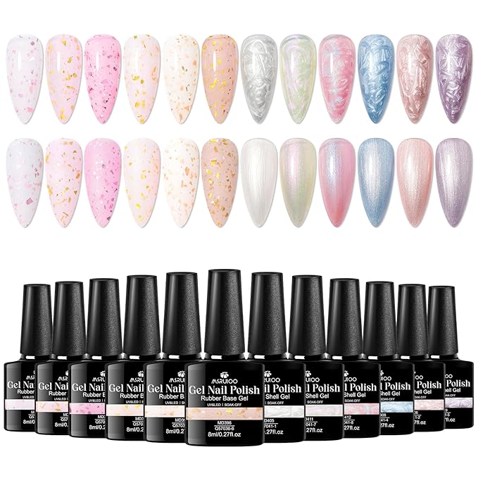 12Pcs Rubber Base Gel Polish, Builder Gel Nail Polish Gold Foil Pink Structure Quick Extension Gel + Pearl Gel Nail Polish Pink Blue Purple Swirl Shell Thread Effect Manicure Kit