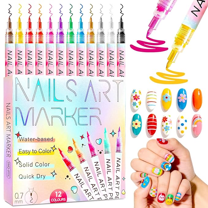 Nail Art Pens, 12 Color 0.7 MM Nail Polish Pens Set Drawing Point Painting Liner Painted Pen Kit, Quick Dry Waterproof Nail for DIY Nails Art Design Manicure Tools