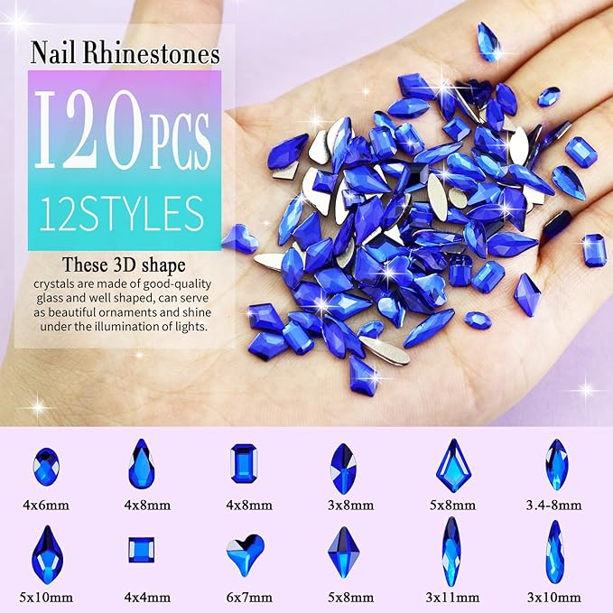 Dowarm 3200PCS Nail Art Rhinestones, Blue/Sapphire Flatback Rhinestones for Nails, Crafts, 12 Styles 3D Glass Crystal Nail Gems, Glitter Diamond