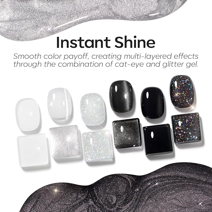 modelones Gel Nail Polish 6 Colors Black White Silver Gray Cat Eye Glitter Shimmer Magnetic Hema& TPO Free Gel Polish Kit Soak Off UV LED DIY Winter Nail Art Manicure Salon Home Gifts for Women Girls