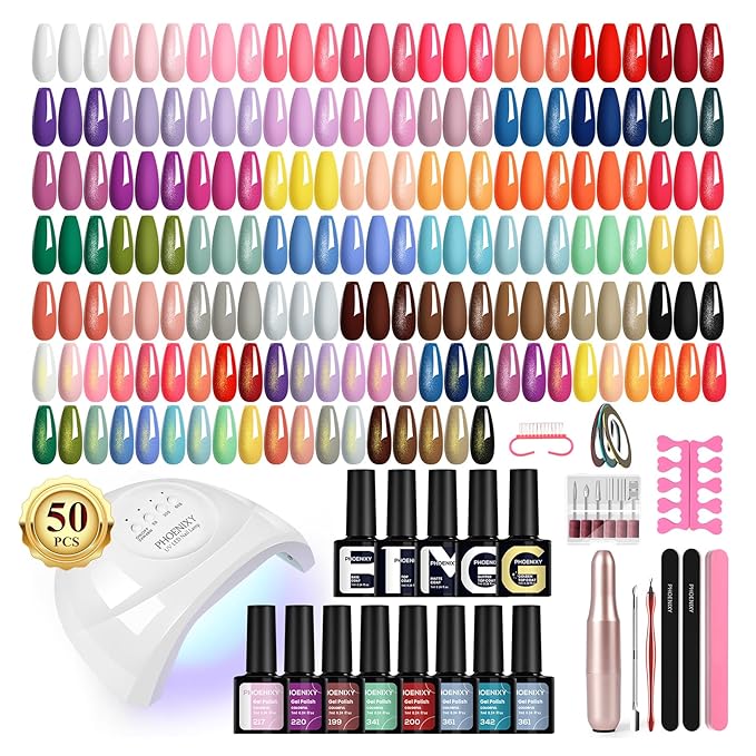 PHOENIXY 63 Pcs Gel Nail Polish Kit with U V Light and Drill, 45 Colors Gel Nail Polish with 5 Pcs Base Top Coat Manicure Starter Nail Polish Set Valentine Gifts for Women