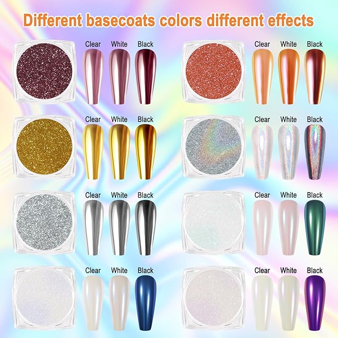 SIUSIO 8 Jars Chrome Nail Powder Gold Silver Nail Art Glitter Decoration Metallic Mirror Effect Holographic Aurora Nail Pigment Powder Kit for Nail Art Home DIY Salon Manicure