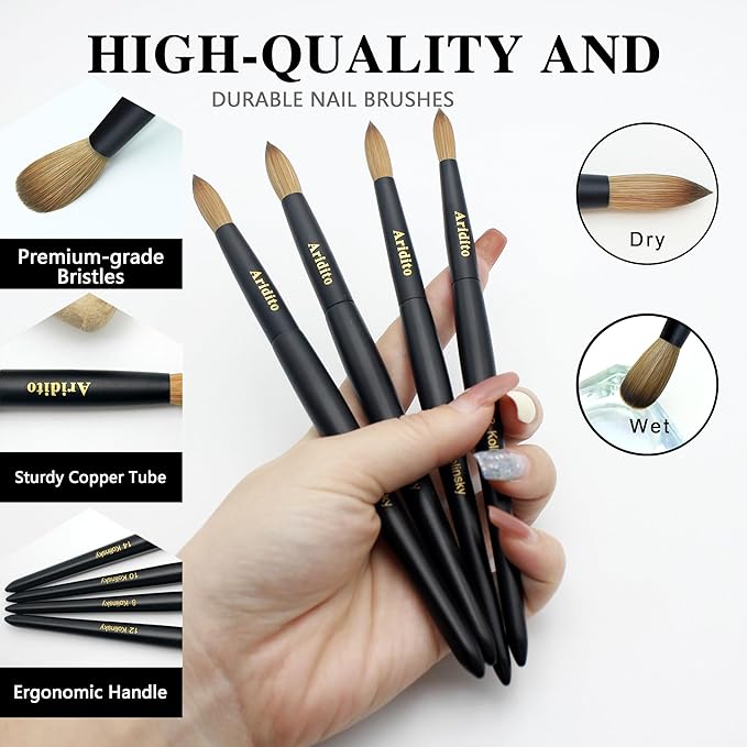 Kolinsky Round Head Acrylic Nail Art Brush Set, Black Wooden Handle, Silver Metal, Size 8 10 12 14 16 18, for Professional Manicure DIY Home Salon (18# Kolinsky)