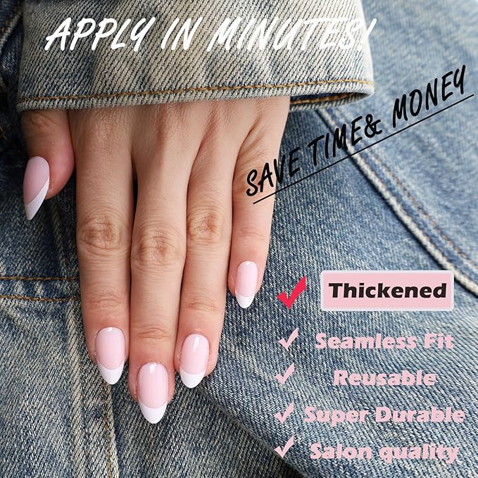 French Tip Press on Nails Short Almond Full Cover Thick Fake Pre-shaped Acrylic Nail Tips, 5 Colors, Manicure Salon & DIY at Home 150 PCS 15 Sizes